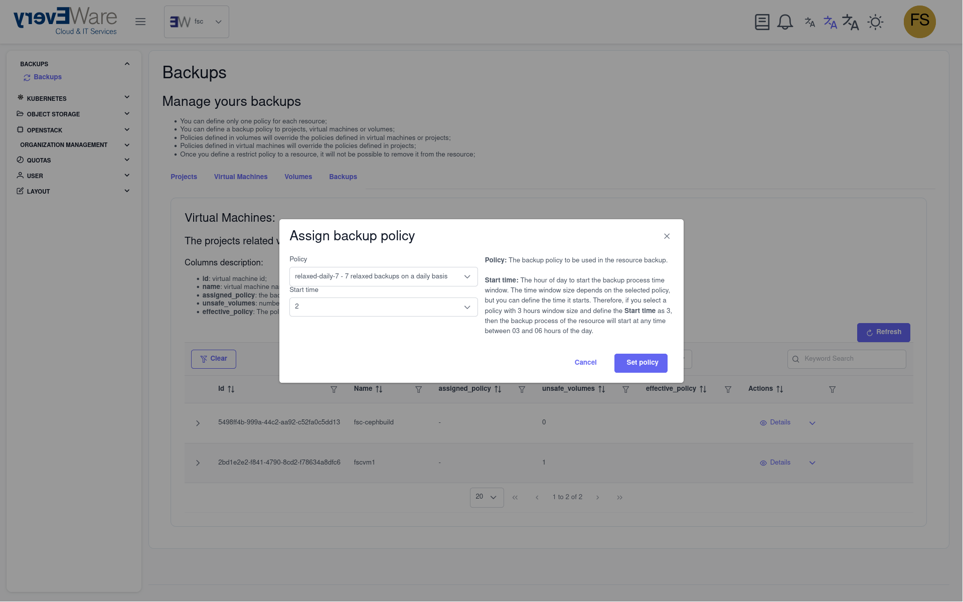 Set Backup Policy